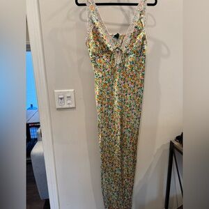 Wild Fable Satin Lace Trim Midi Slip Dress (Floral, Medium)